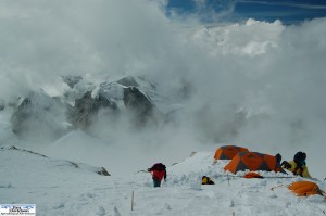  The view from Camp 3 (24,300 ft) down upon 23,000 foot peaks across the valley. 