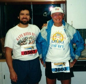 Jim D. & Coach Bob Carr at 3:00am, before the start of the Disney Marathon in  2001